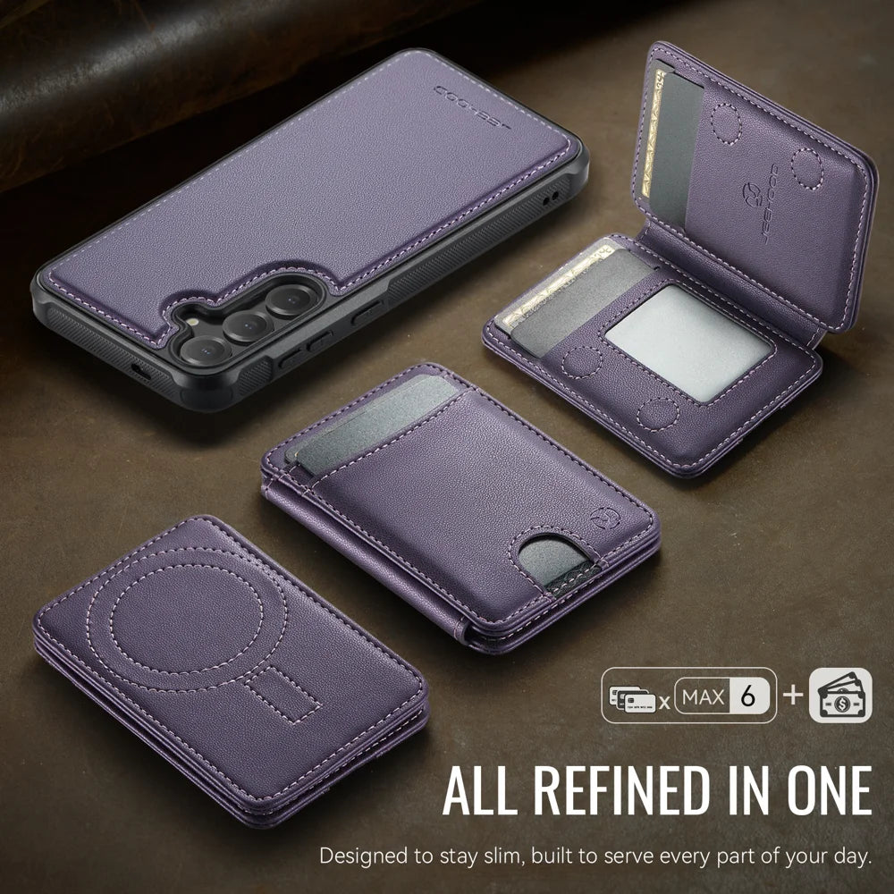 JEEHOOD For Samsung Galaxy S24 FE Magnetic Case  J10 Leather Back Phone Cover with Detachable Card Holder Kickstand - Purple - 5