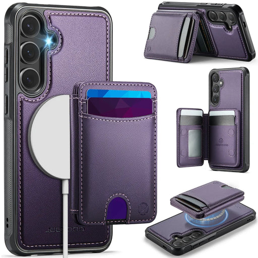 JEEHOOD For Samsung Galaxy S24+ Magnetic Case  J10 Leather Back Phone Cover with Detachable Card Holder Kickstand - Purple - 1