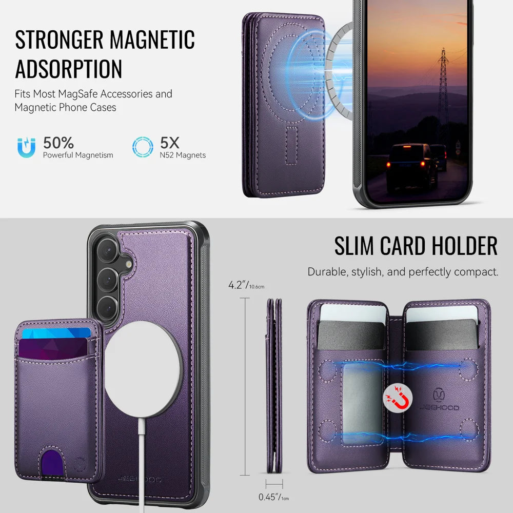 JEEHOOD For Samsung Galaxy S24+ Magnetic Case  J10 Leather Back Phone Cover with Detachable Card Holder Kickstand - Purple - 6