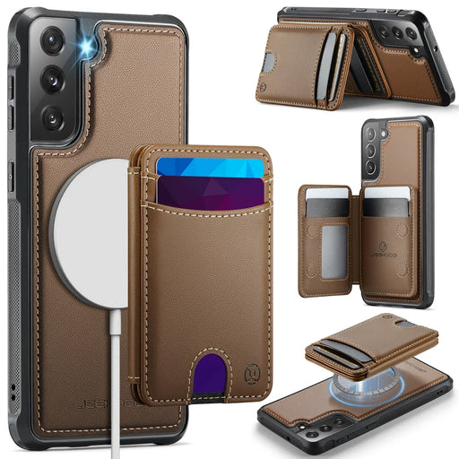 JEEHOOD For Samsung Galaxy S22 5G Magnetic Case  J10 Leather Back Phone Cover with Detachable Card Holder Kickstand - Brown - 1