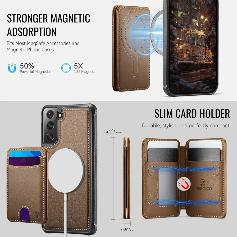 JEEHOOD For Samsung Galaxy S22 5G Magnetic Case  J10 Leather Back Phone Cover with Detachable Card Holder Kickstand - Brown - 6
