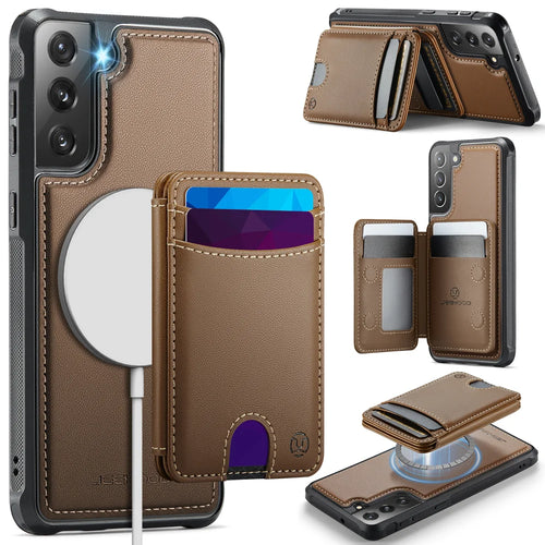 JEEHOOD For Samsung Galaxy S22+ 5G Magnetic Case  J10 Leather Back Phone Cover with Detachable Card Holder Kickstand - Brown - 1