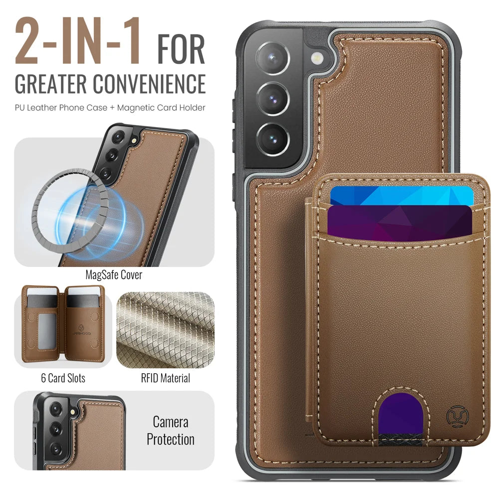 JEEHOOD For Samsung Galaxy S22+ 5G Magnetic Case  J10 Leather Back Phone Cover with Detachable Card Holder Kickstand - Brown - 2