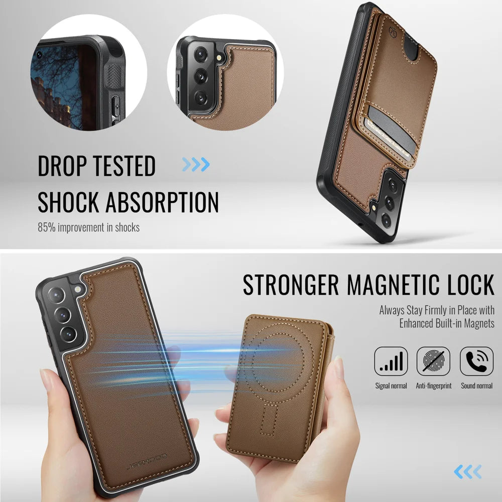 JEEHOOD For Samsung Galaxy S22+ 5G Magnetic Case  J10 Leather Back Phone Cover with Detachable Card Holder Kickstand - Brown - 3