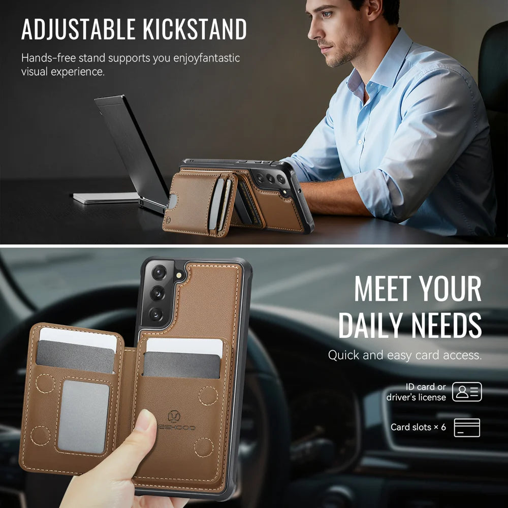 JEEHOOD For Samsung Galaxy S22+ 5G Magnetic Case  J10 Leather Back Phone Cover with Detachable Card Holder Kickstand - Brown - 4
