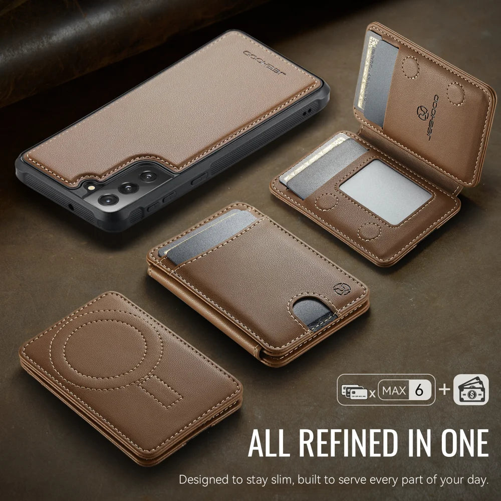 JEEHOOD For Samsung Galaxy S22+ 5G Magnetic Case  J10 Leather Back Phone Cover with Detachable Card Holder Kickstand - Brown - 5