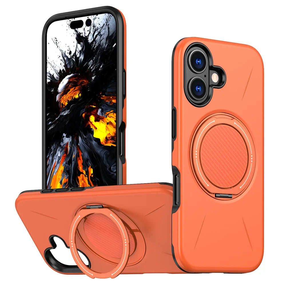 For iPhone 16 Case Compatible with MagSafe TPU + PC Back Cover with Rotating Kickstand - Orange - 1