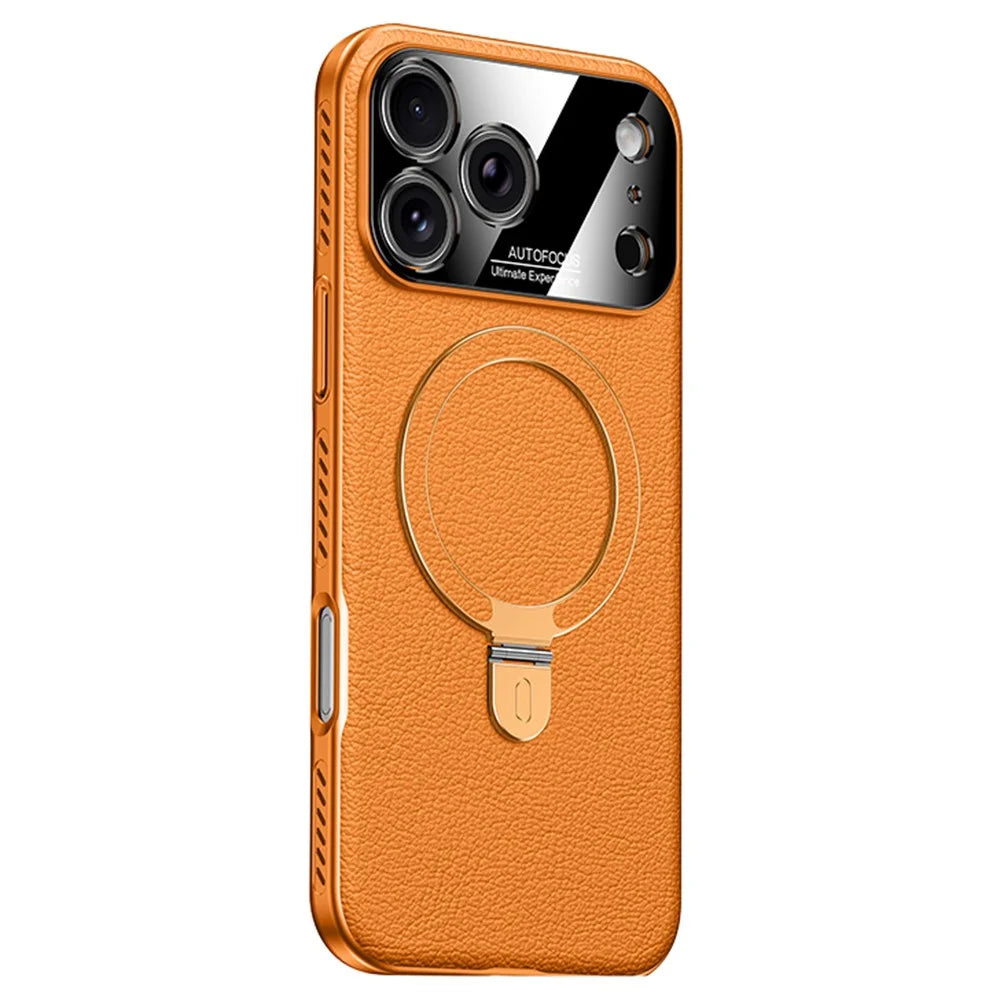 For iPhone 17 Pro Case Compatible with MagSafe Kickstand Electroplated PC PU Leather Cooling Phone Back Cover - Orange - 1