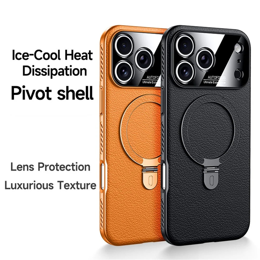 For iPhone 17 Pro Case Compatible with MagSafe Kickstand Electroplated PC PU Leather Cooling Phone Back Cover - Orange - 2