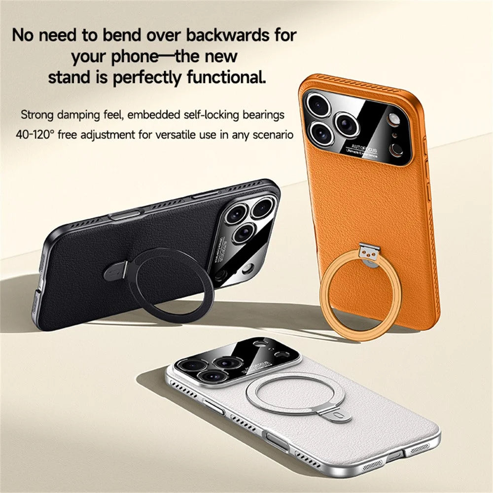 For iPhone 17 Pro Case Compatible with MagSafe Kickstand Electroplated PC PU Leather Cooling Phone Back Cover - Orange - 3