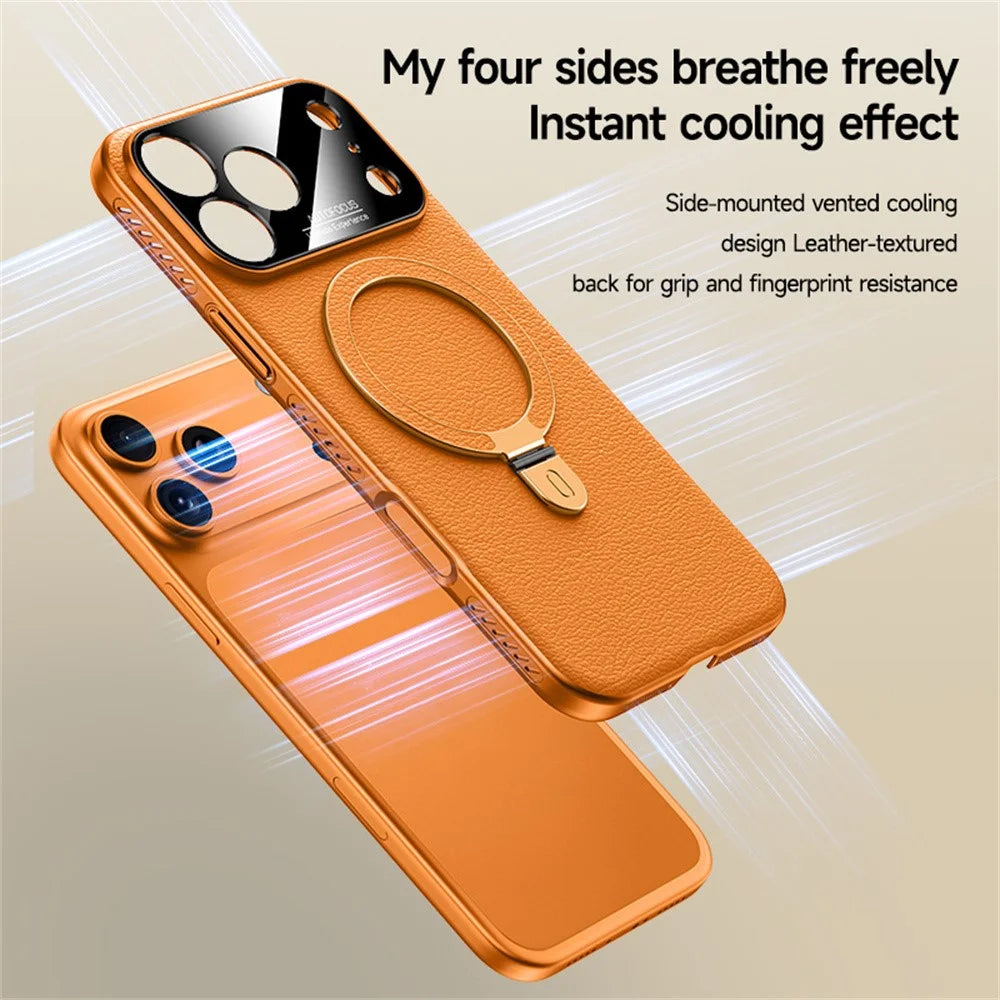 For iPhone 17 Pro Case Compatible with MagSafe Kickstand Electroplated PC PU Leather Cooling Phone Back Cover - Orange - 4