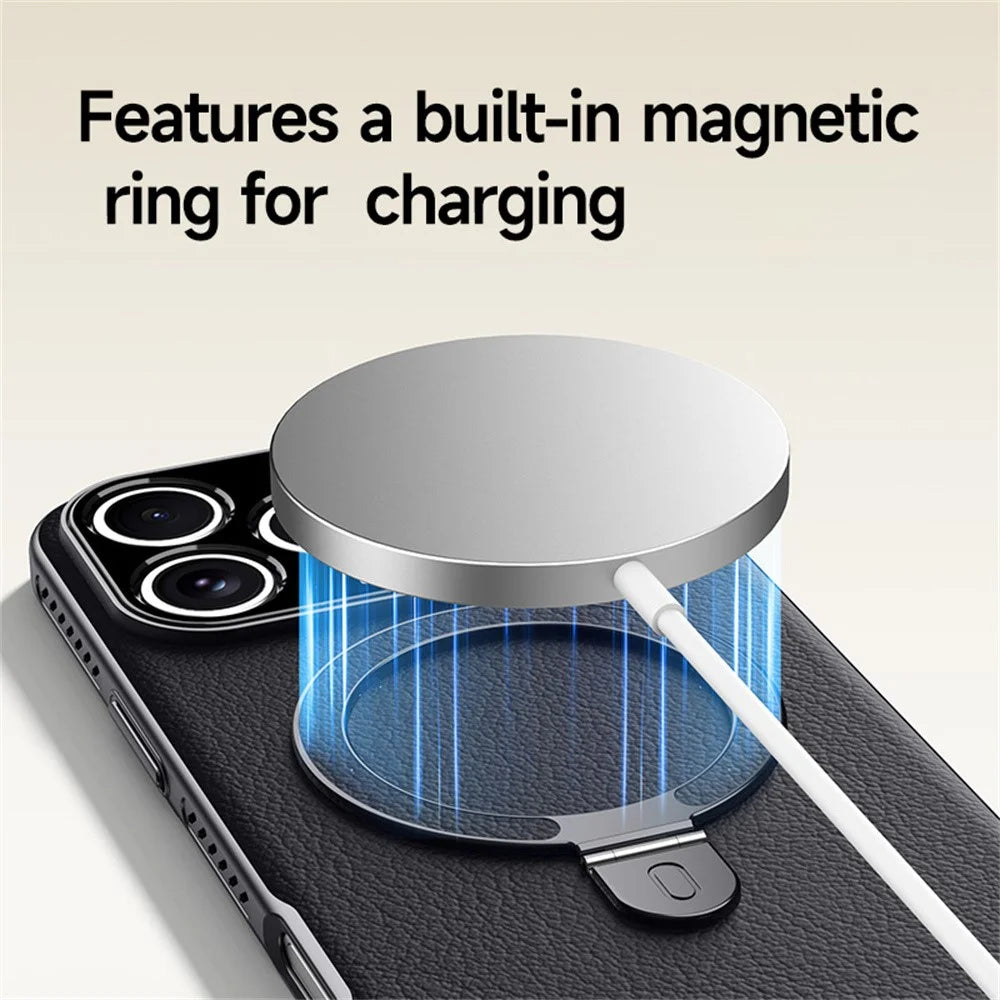 For iPhone 17 Pro Case Compatible with MagSafe Kickstand Electroplated PC PU Leather Cooling Phone Back Cover - Orange - 5