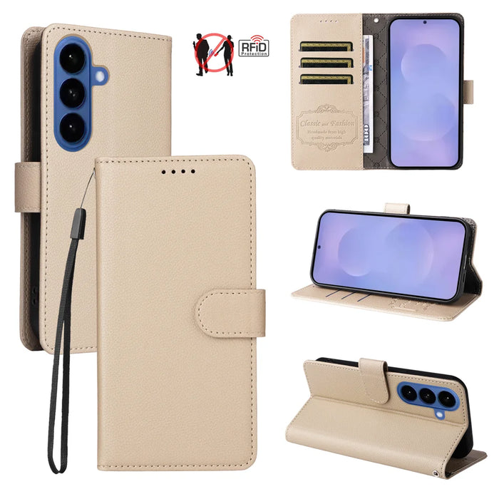 For Samsung Galaxy S26+ Case RFID Blocking 3 Card Slots PU Leather Phone Cover with Wrist Strap - Creamy White - 4
