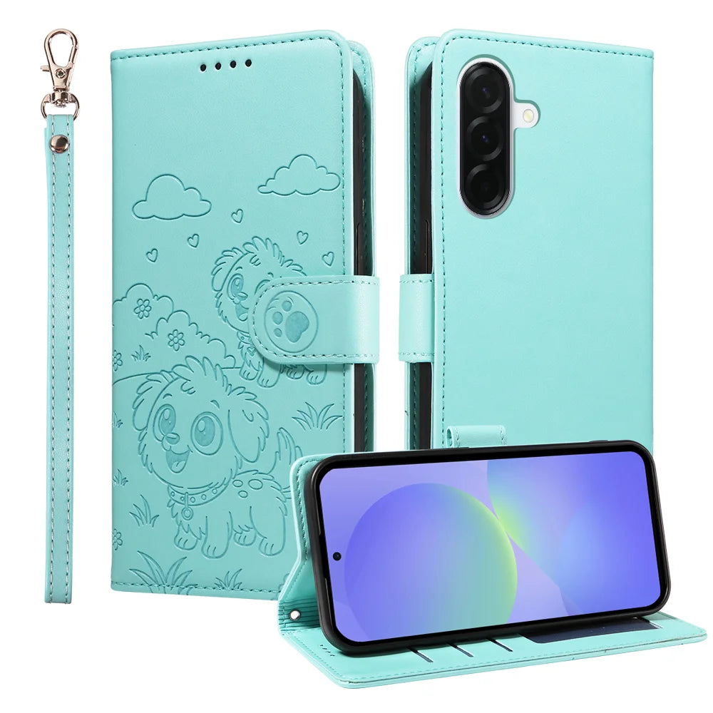 For Samsung Galaxy A37 5G Case RFID Blocking Imprinted Dog Pattern PU Leather Phone Cover with Wrist Strap - Green - 1