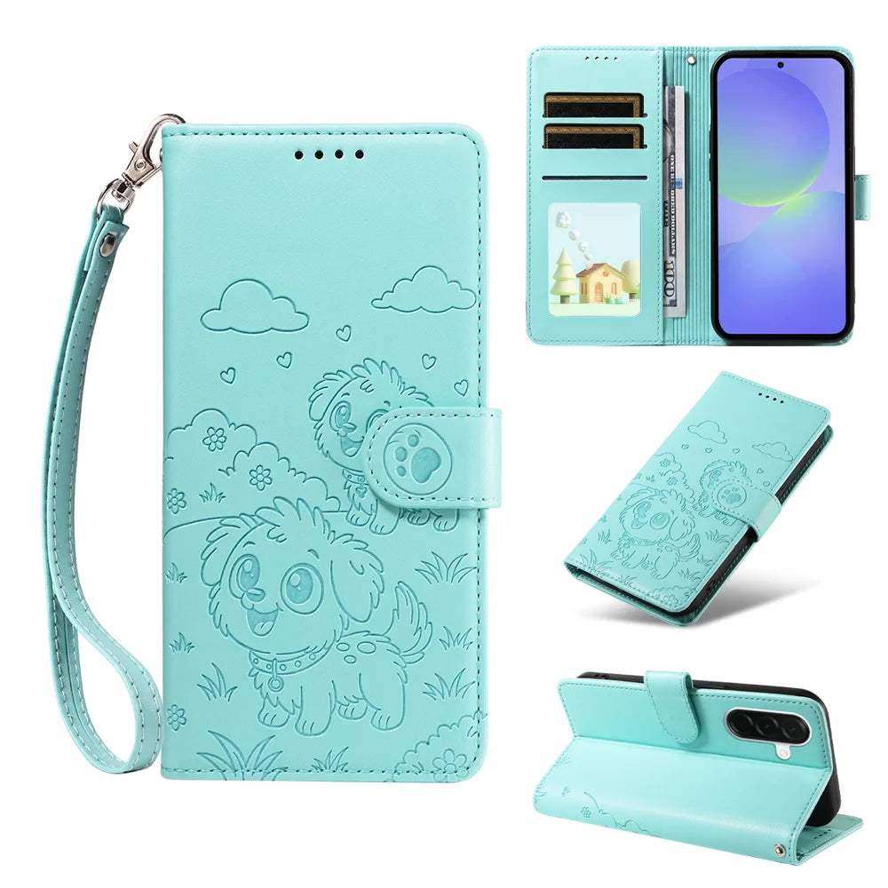 For Samsung Galaxy A37 5G Case RFID Blocking Imprinted Dog Pattern PU Leather Phone Cover with Wrist Strap - Green - 2