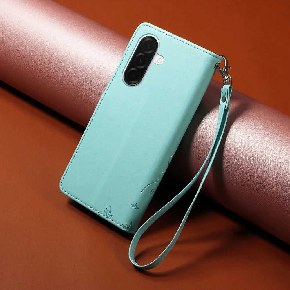 For Samsung Galaxy A37 5G Case RFID Blocking Imprinted Dog Pattern PU Leather Phone Cover with Wrist Strap - Green - 3