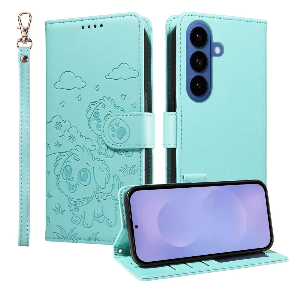 For Samsung Galaxy S26+ Case RFID Blocking Imprinted Dog Pattern PU Leather Phone Cover with Wrist Strap - Green - 1