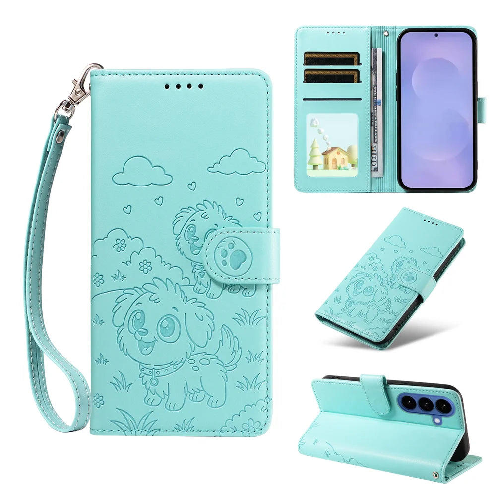 For Samsung Galaxy S26+ Case RFID Blocking Imprinted Dog Pattern PU Leather Phone Cover with Wrist Strap - Green - 2