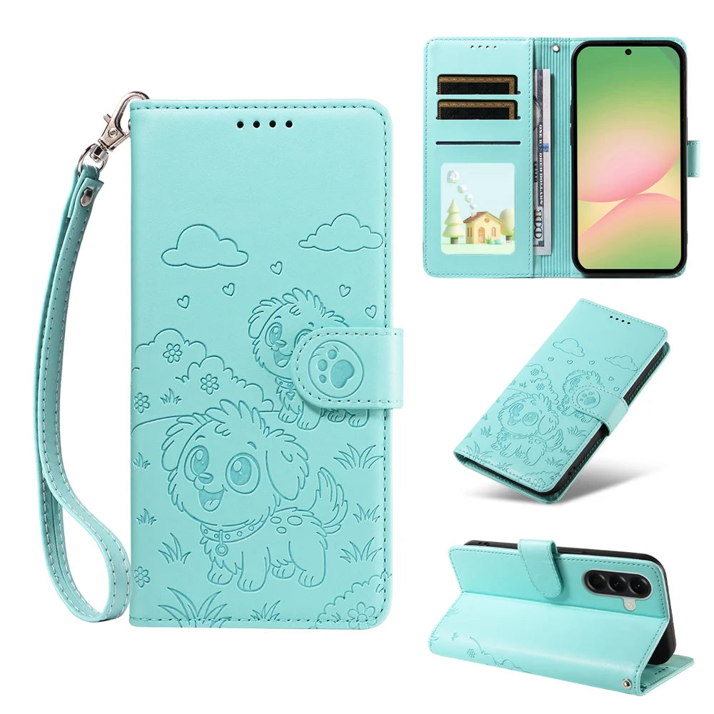 For Samsung Galaxy A57 5G Case RFID Blocking Imprinted Dog Pattern PU Leather Phone Cover with Wrist Strap - Green - 2