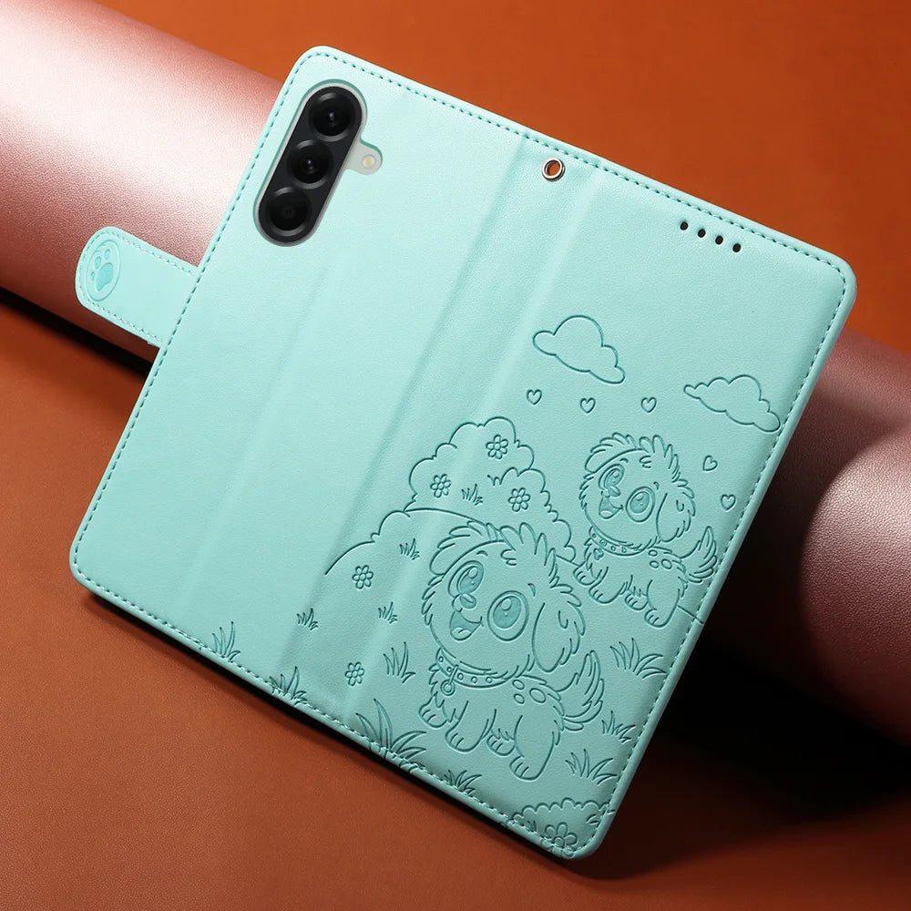 For Samsung Galaxy A57 5G Case RFID Blocking Imprinted Dog Pattern PU Leather Phone Cover with Wrist Strap - Green - 4