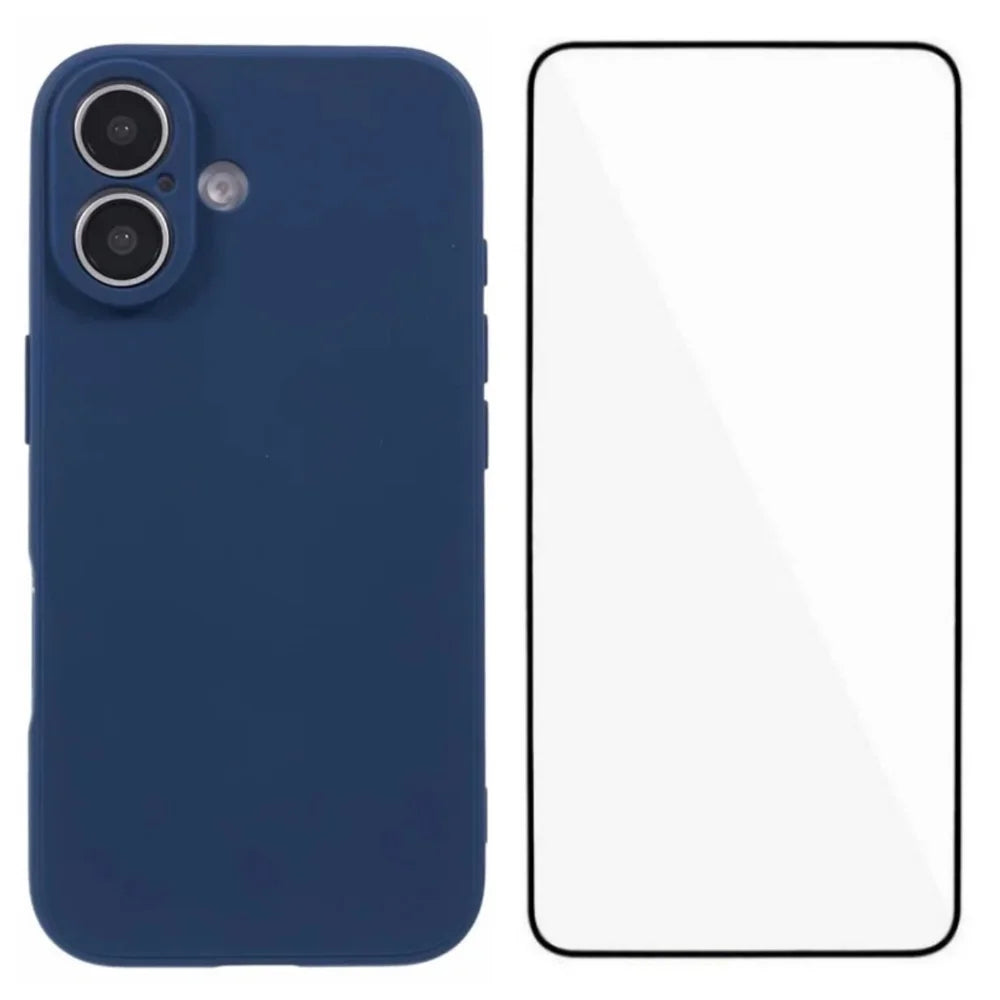 WANLONFENG For iPhone 16 Case  ZB Series Precise Cutouts Straight Edge TPU Phone Cover with Tempered Glass Film - Sapphire - 1