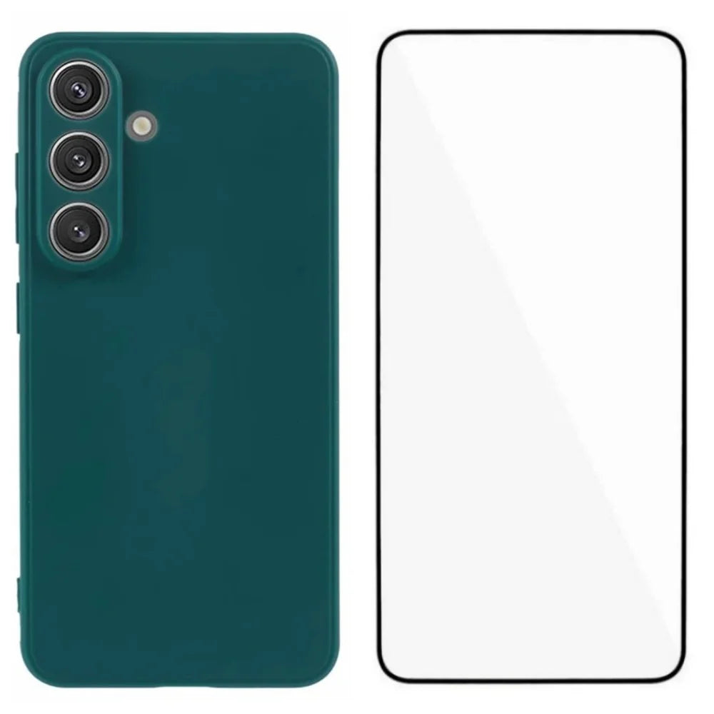 WANLONFENG For Samsung Galaxy S25 Case  ZB Series Precise Cutouts Straight Edge TPU Phone Cover with Tempered Glass Film - Army Green - 1