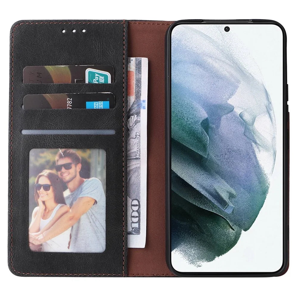 For Samsung Galaxy S22 5G Slim Auto Closing Magnetic Cover PU Leather Wallet Stand Folio Protective Phone Case - Black - 2