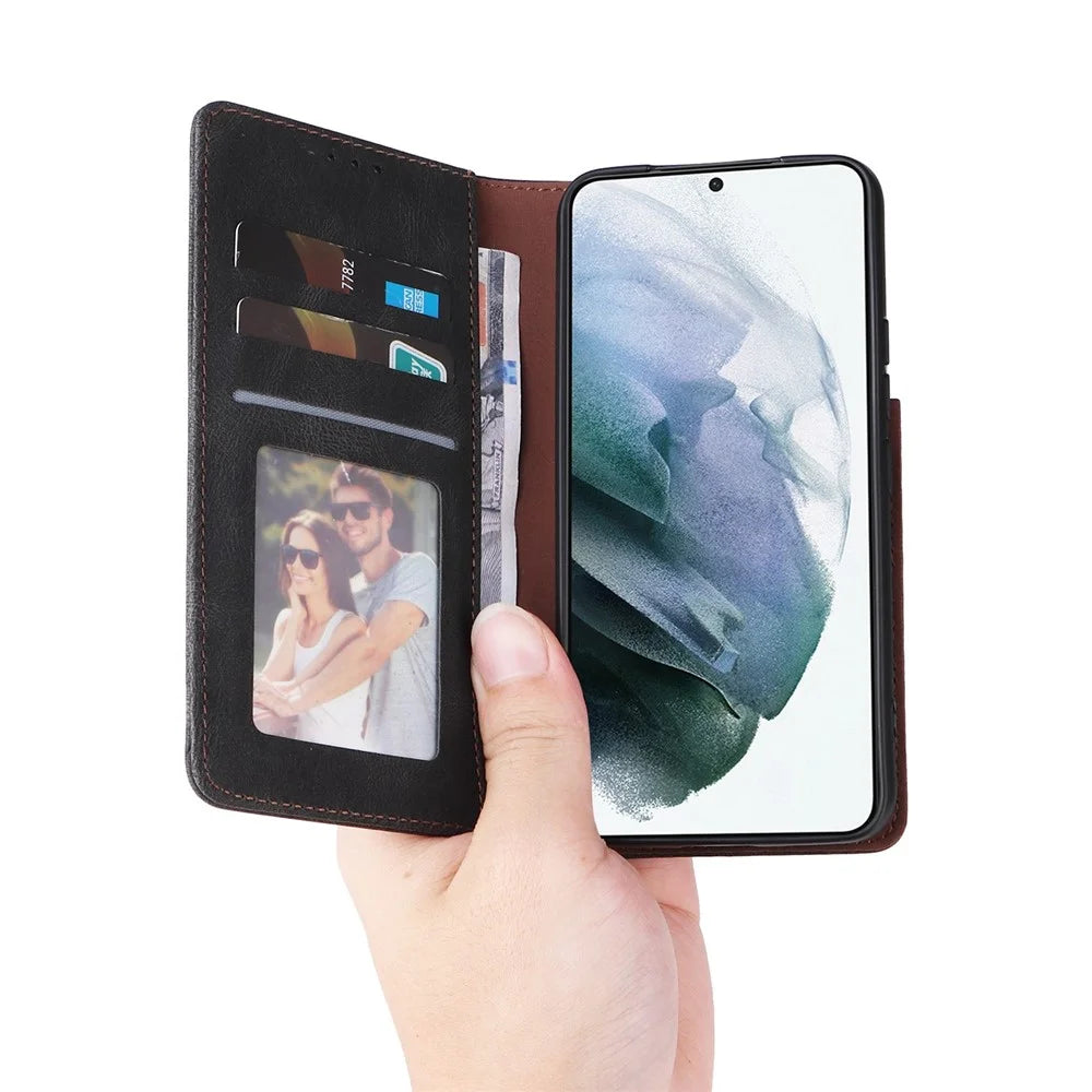 For Samsung Galaxy S22 5G Slim Auto Closing Magnetic Cover PU Leather Wallet Stand Folio Protective Phone Case - Black - 6