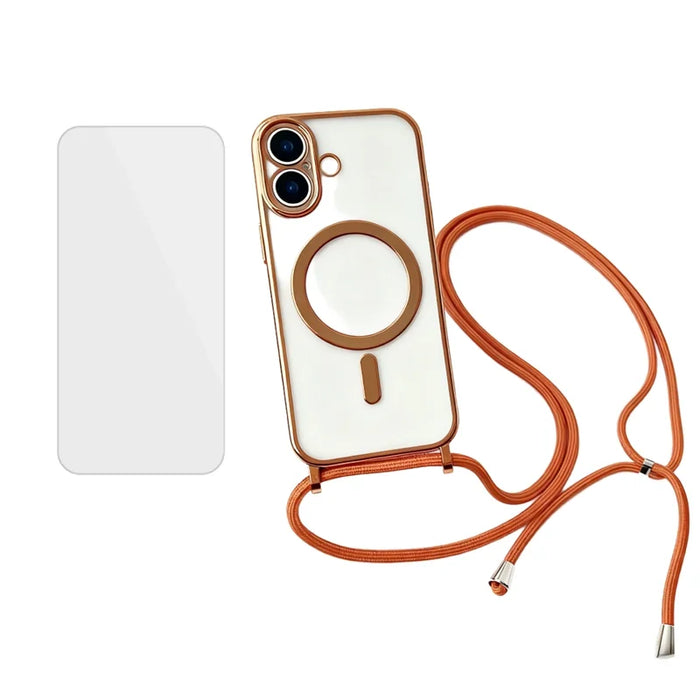 For iPhone 17 Case Compatible with MagSafe Electroplating Edge TPU Phone Cover with Screen Film / Shoulder Strap - Orange - 1