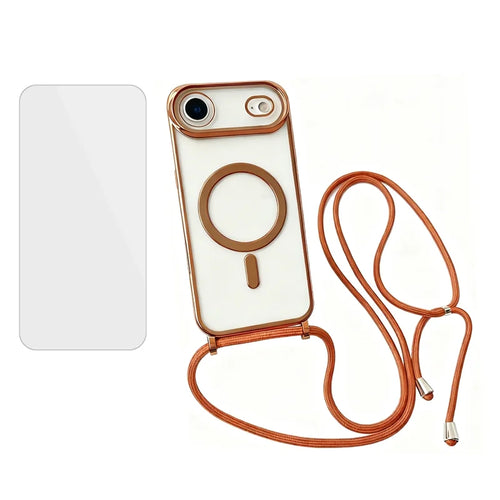 For iPhone Air Case Compatible with MagSafe Electroplating Edge TPU Phone Cover with Screen Film / Shoulder Strap - Orange - 1