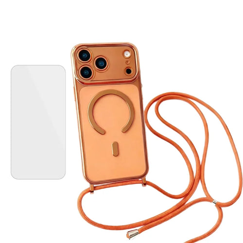 For iPhone 17 Pro Max Case Compatible with MagSafe Electroplating Edge TPU Phone Cover with Screen Film / Shoulder Strap - Orange - 1