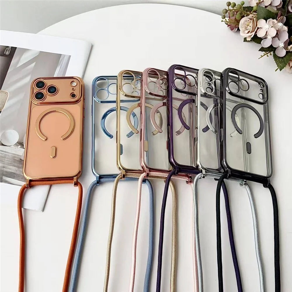 For iPhone 17 Pro Max Case Compatible with MagSafe Electroplating Edge TPU Phone Cover with Screen Film / Shoulder Strap - Orange - 2