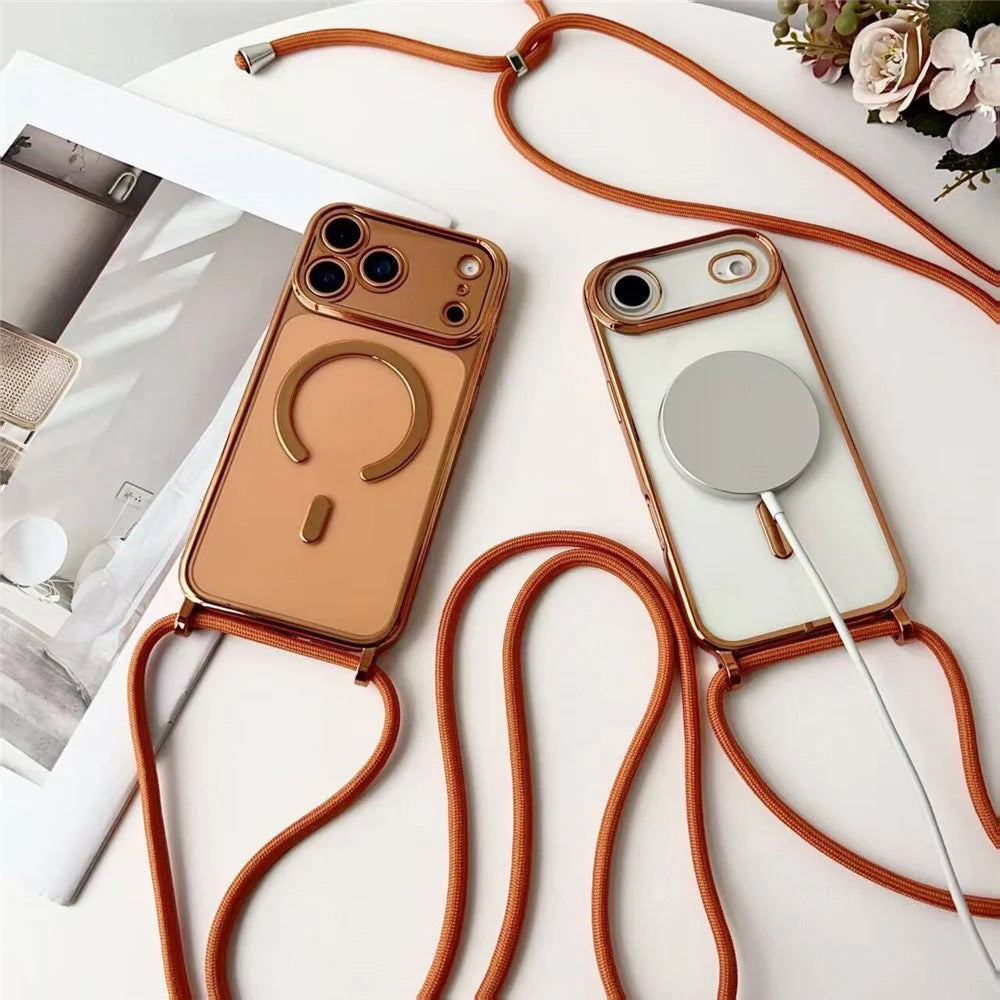 For iPhone 17 Pro Max Case Compatible with MagSafe Electroplating Edge TPU Phone Cover with Screen Film / Shoulder Strap - Orange - 4