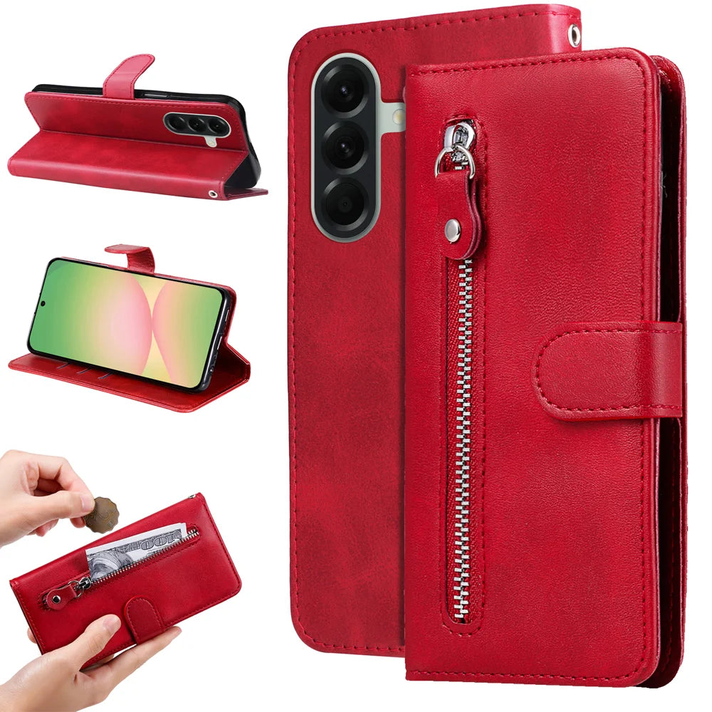 For Samsung Galaxy A57 5G PU Leather Cases with Zipper Pocket Wallet Phone Cover Stand - Red - 2