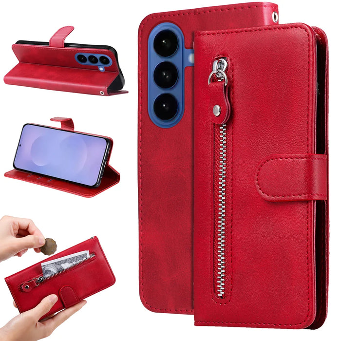 For Samsung Galaxy S26+ PU Leather Cases with Zipper Pocket Wallet Phone Cover Stand - Red - 2