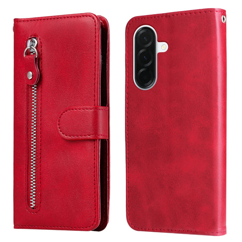 For Samsung Galaxy A37 5G PU Leather Cases with Zipper Pocket Wallet Phone Cover Stand - Red - 1