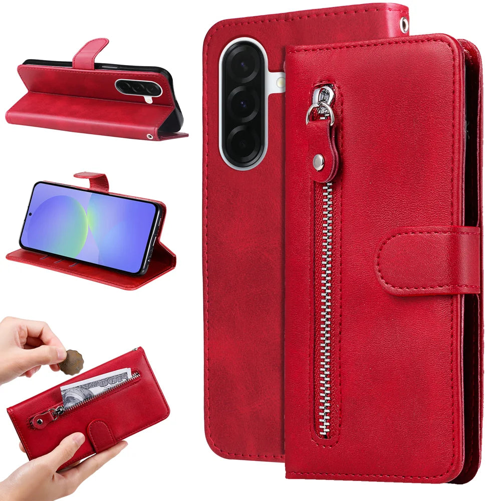 For Samsung Galaxy A37 5G PU Leather Cases with Zipper Pocket Wallet Phone Cover Stand - Red - 2