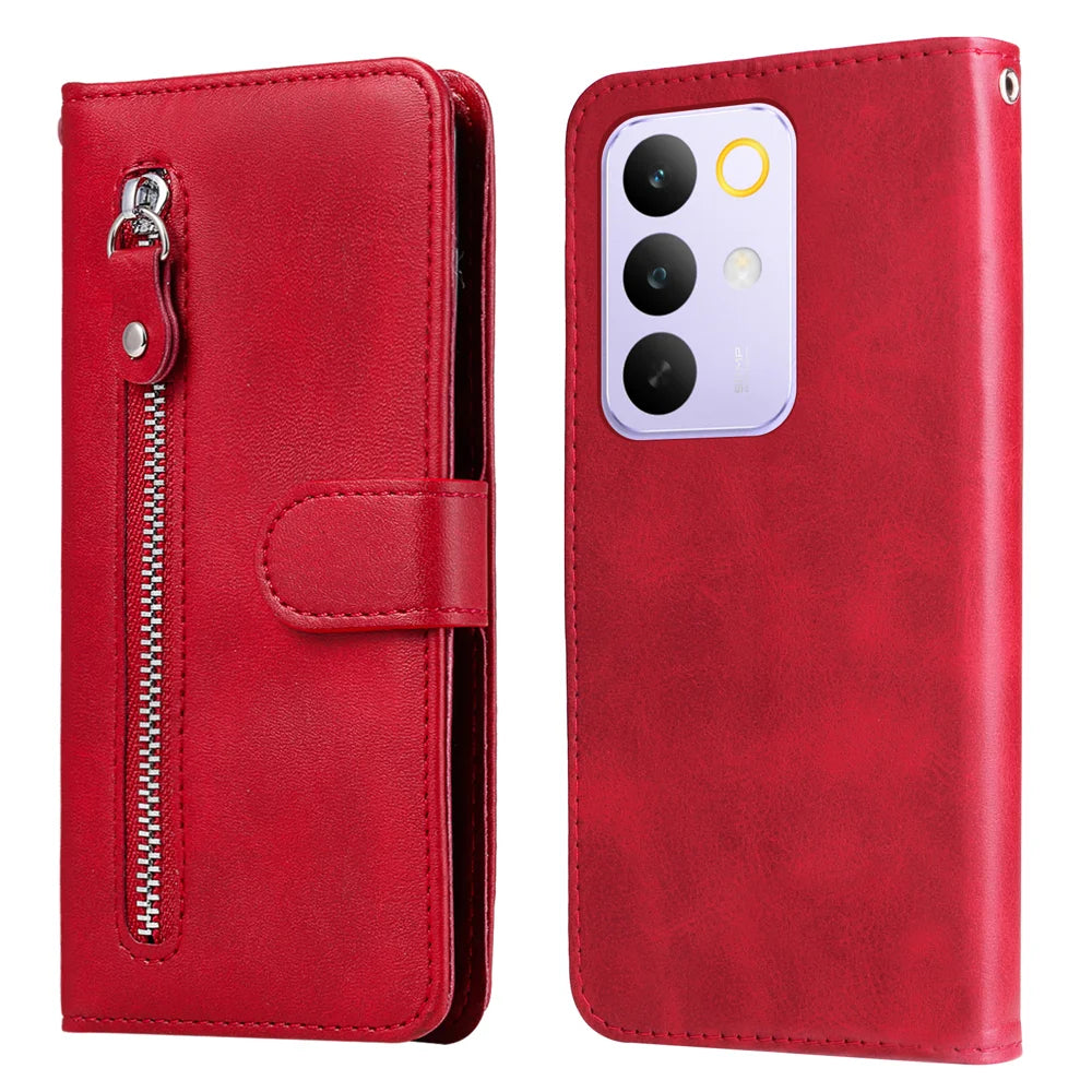For Realme C85 Pro 4G PU Leather Cases with Zipper Pocket Wallet Phone Cover Stand - Red - 1