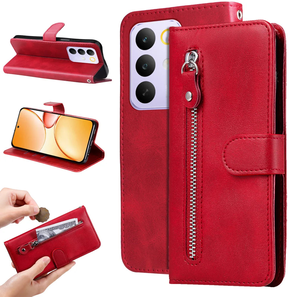 For Realme C85 Pro 4G PU Leather Cases with Zipper Pocket Wallet Phone Cover Stand - Red - 2