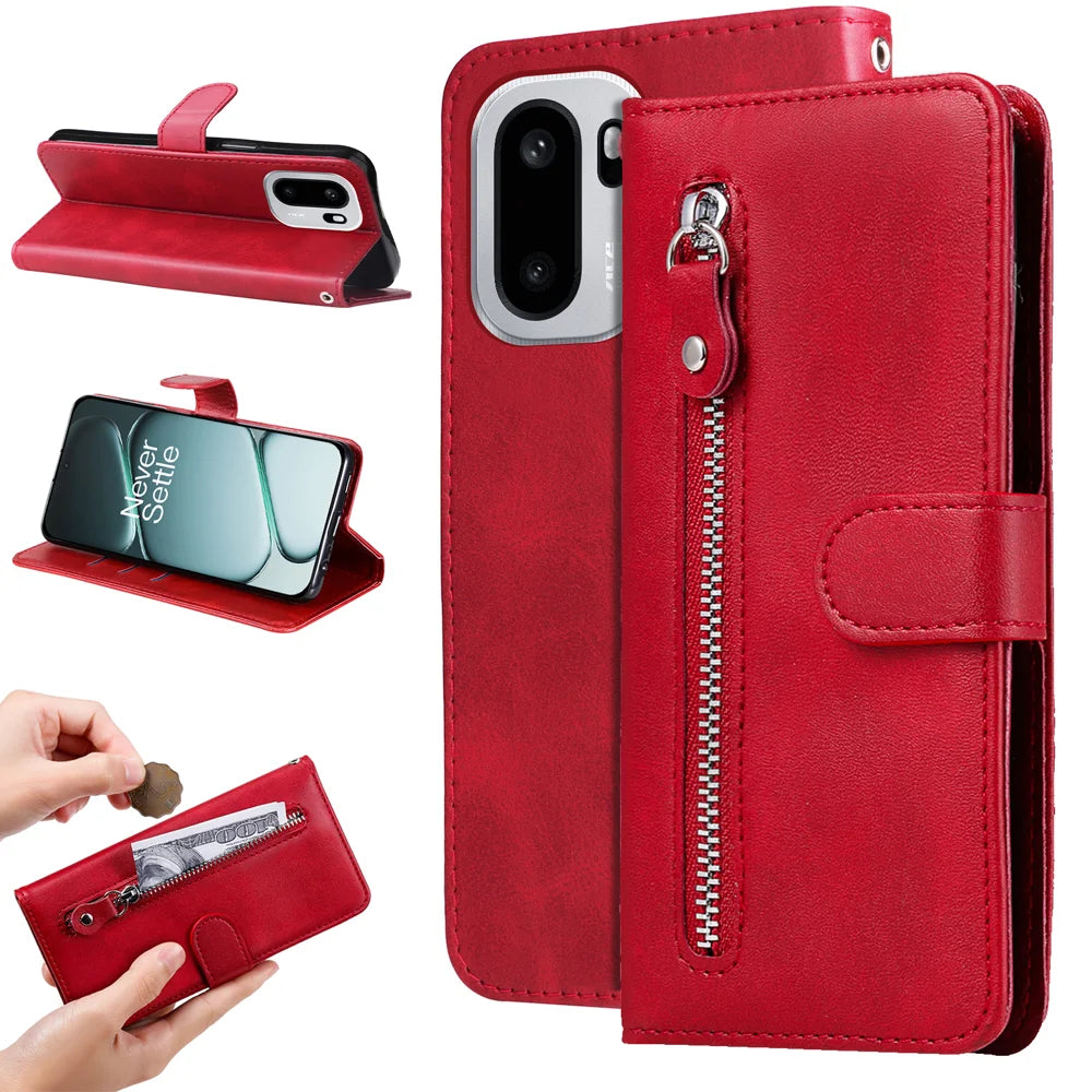 For OnePlus 15R 5G / Ace 6T 5G / Ace 6 5G PU Leather Cases with Zipper Pocket Wallet Phone Cover Stand - Red - 2