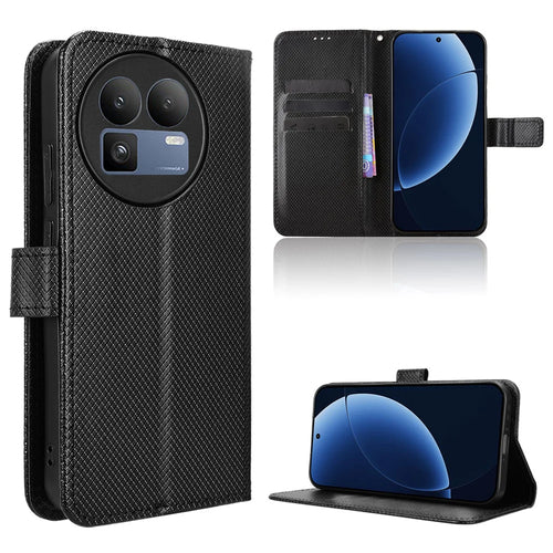 For Realme GT 8 5G Leather Wallet Case with Strap Diamond Texture Phone Cover - Black - 1