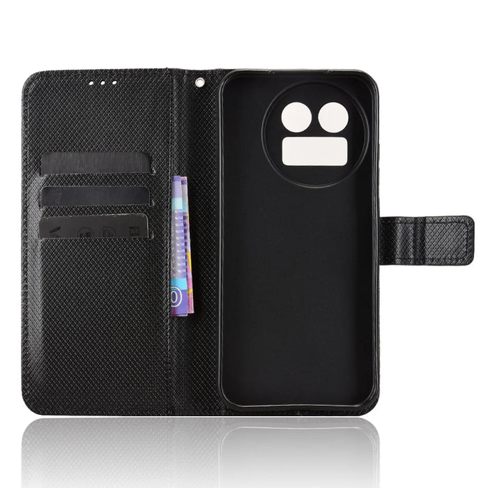 For Realme GT 8 5G Leather Wallet Case with Strap Diamond Texture Phone Cover - Black - 5