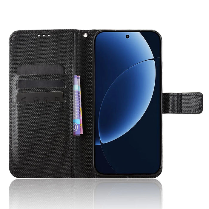For Realme GT 8 5G Leather Wallet Case with Strap Diamond Texture Phone Cover - Black - 6