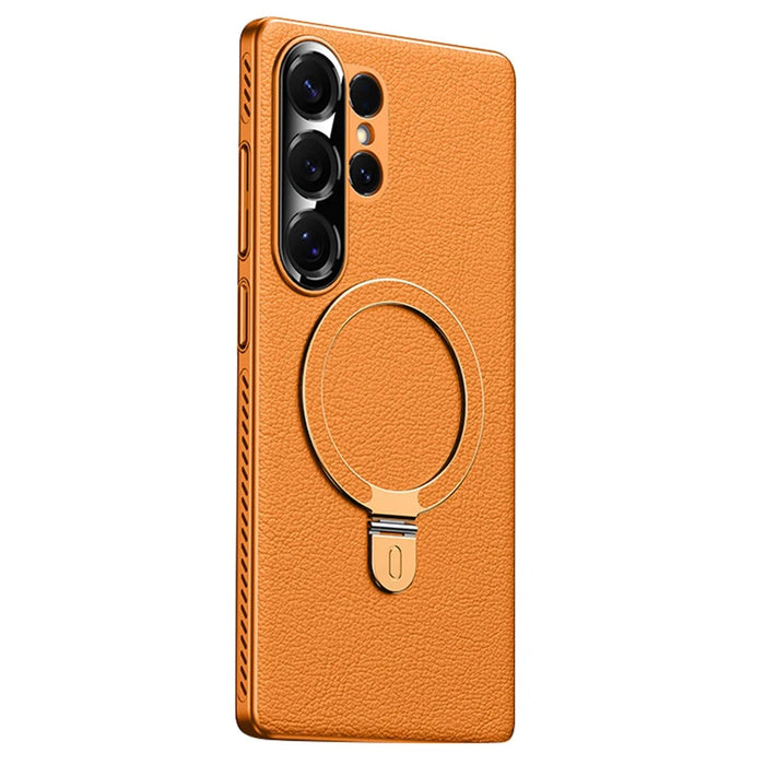For Samsung Galaxy S25 Ultra Magnetic Case Kickstand Electroplated PC PU Leather Cooling Phone Back Cover - Orange - 1