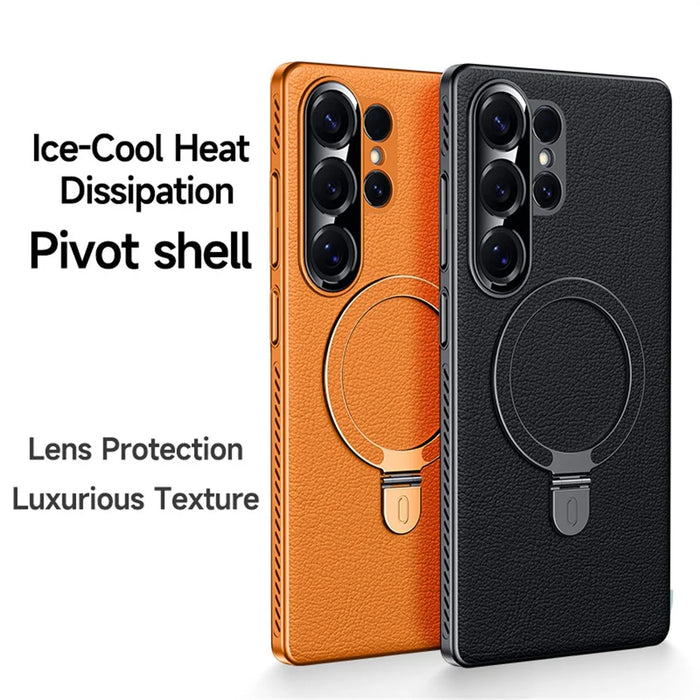 For Samsung Galaxy S25 Ultra Magnetic Case Kickstand Electroplated PC PU Leather Cooling Phone Back Cover - Orange - 2