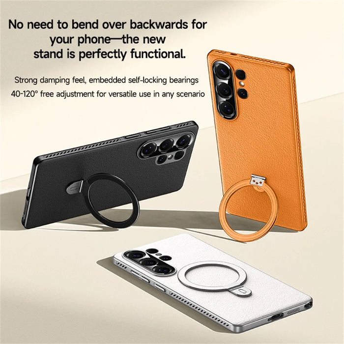 For Samsung Galaxy S25 Ultra Magnetic Case Kickstand Electroplated PC PU Leather Cooling Phone Back Cover - Orange - 3