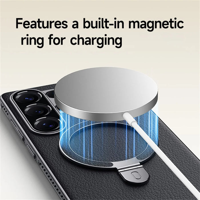 For Samsung Galaxy S25 Ultra Magnetic Case Kickstand Electroplated PC PU Leather Cooling Phone Back Cover - Orange - 5