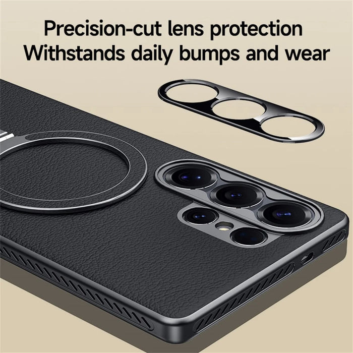 For Samsung Galaxy S25 Ultra Magnetic Case Kickstand Electroplated PC PU Leather Cooling Phone Back Cover - Orange - 6