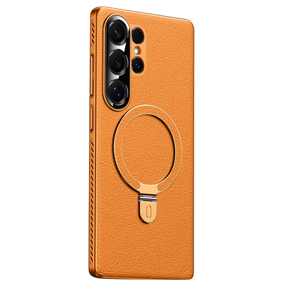For Samsung Galaxy S24 Ultra Magnetic Case Kickstand Electroplated PC PU Leather Cooling Phone Back Cover - Orange - 1