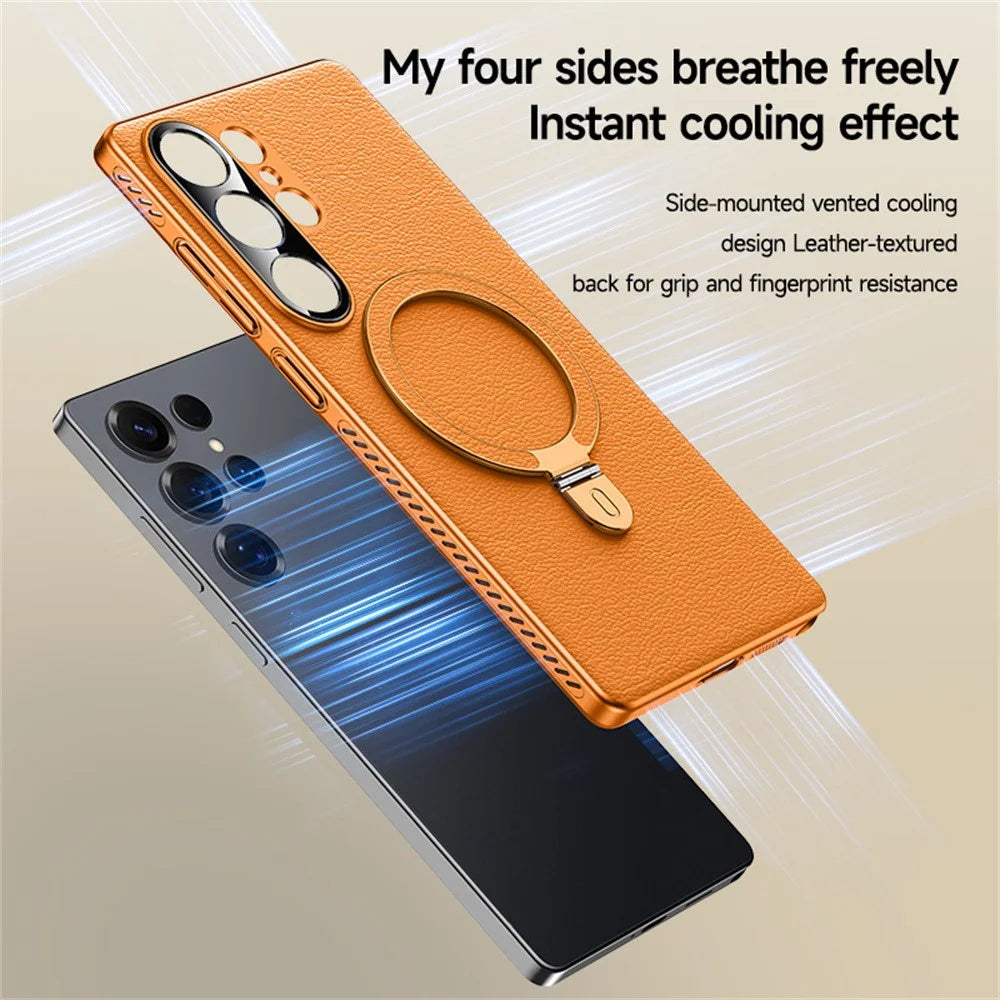 For Samsung Galaxy S24 Ultra Magnetic Case Kickstand Electroplated PC PU Leather Cooling Phone Back Cover - Orange - 4